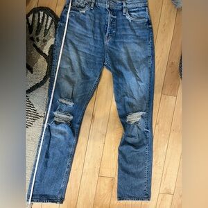 Hudson jeans, straight leg, size 28, some stretch, ripped at knees, button fly